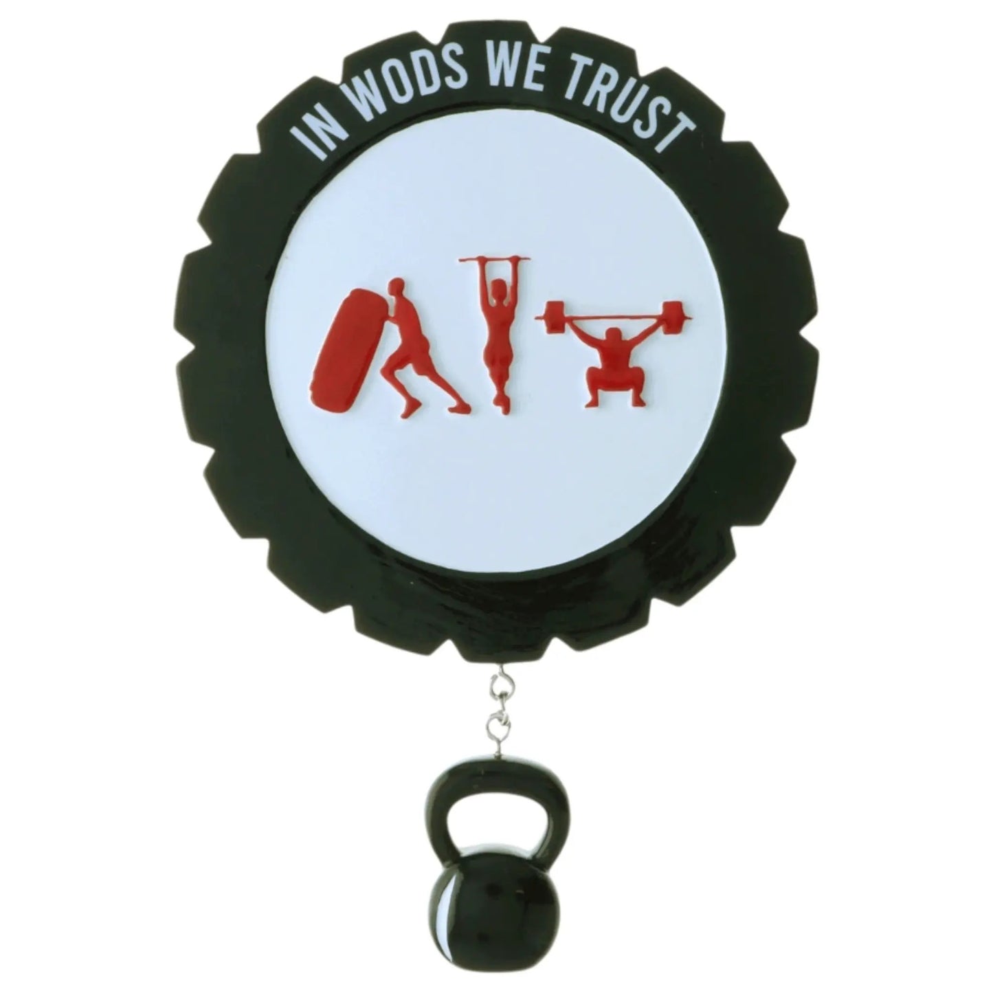 Circuit Training Cross Fit Ornament black gear frame white center with red workout silhouettes on Tampa Home & Garden Store