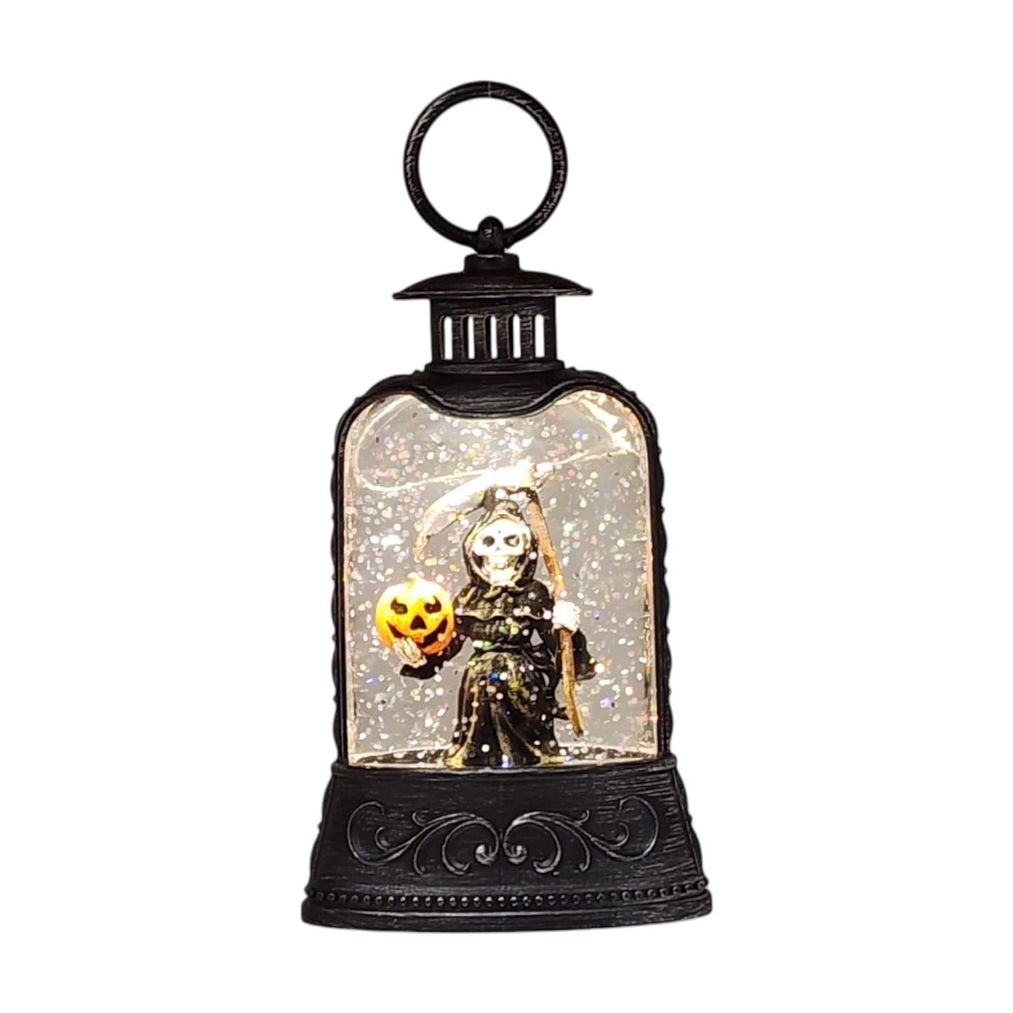 Lighted waterglobe lantern featuring Grim Reaper with pumpkin, Halloween ornament on Tampa Home & Garden Store