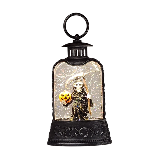 Lighted waterglobe lantern featuring Grim Reaper with pumpkin, Halloween ornament on Tampa Home & Garden Store
