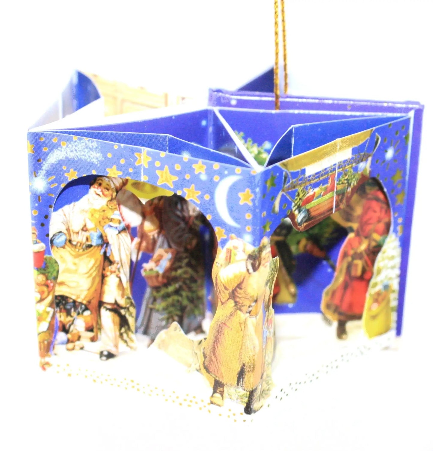 Popup Mini Book German Ornament Blue novelty Christmas ornament with folded panels on Tampa Home & Garden Store