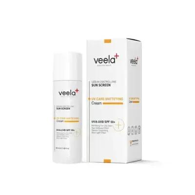 Veela Mattifying Sunscreen SPF 50+ bottle and white box with orange accents Beauty Care Bag on Tampa Home & Garden Store