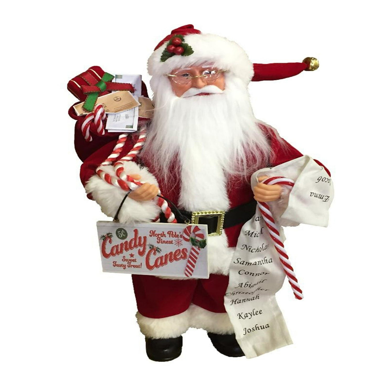 Candy Cane Claus Santa figurine in red suit with white beard holding gifts and candy canes on Tampa Home & Garden Store