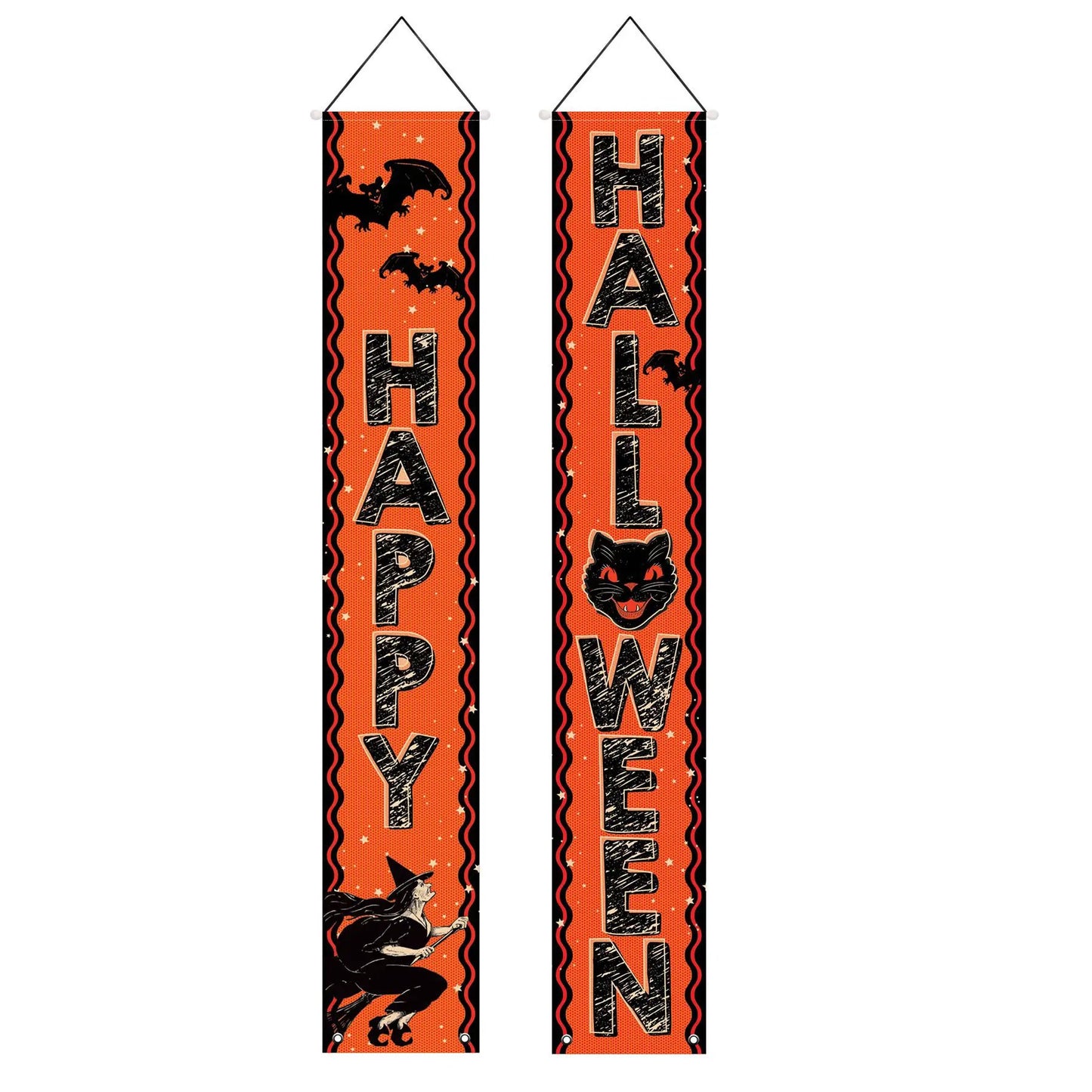 Set of 2 vintage Halloween fabric door panels orange with black bats and HALLOWEEN text on Tampa Home & Garden Store