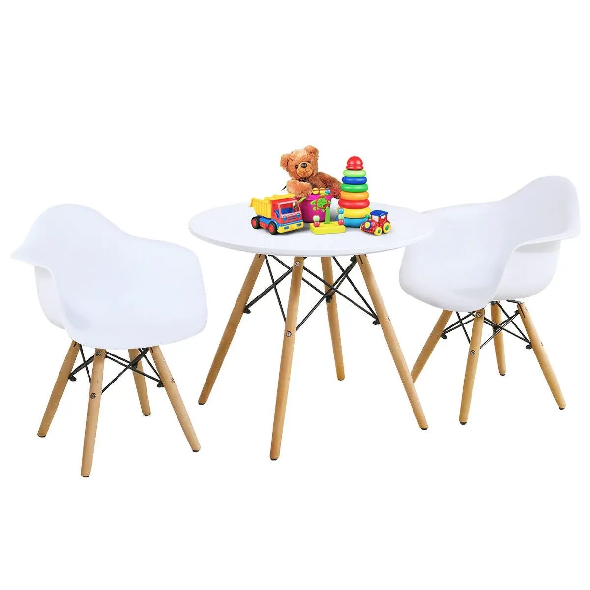 3-Piece Kid's Modern Round Table Chair Set with white chairs and light wood legs on Tampa Home & Garden Store