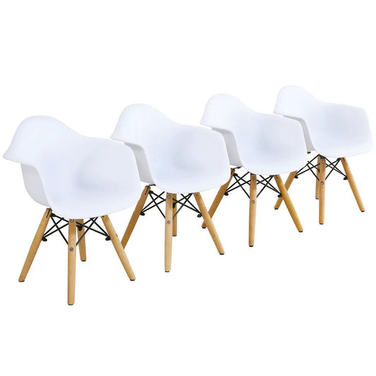 5 white kids chairs with natural wood legs and black metal crisscross supports for play on Tampa Home & Garden Store
