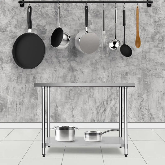 Stainless steel kitchen work table 30 x 48 in with lower shelf and overhead pot rack on Tampa Home & Garden Store