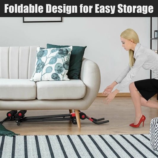 Abdominal workout equipment with foldable frame and red accents under sofa in a living room on Tampa Home & Garden Store