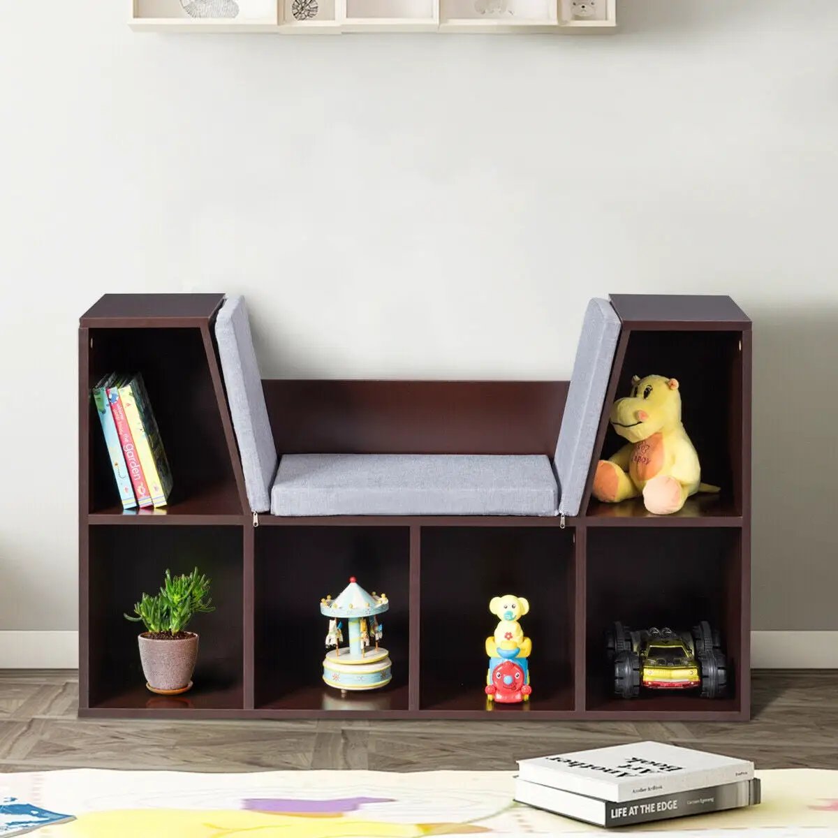 6-Cubby Kid Storage Bookcase Cushioned Nook in dark wood with gray cushions and cubbies on Tampa Home & Garden Store