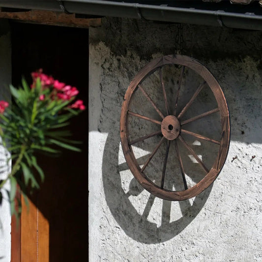 Set of 2 30-inch vintage wood wagon wheels brown rustic decor on Tampa Home & Garden Store