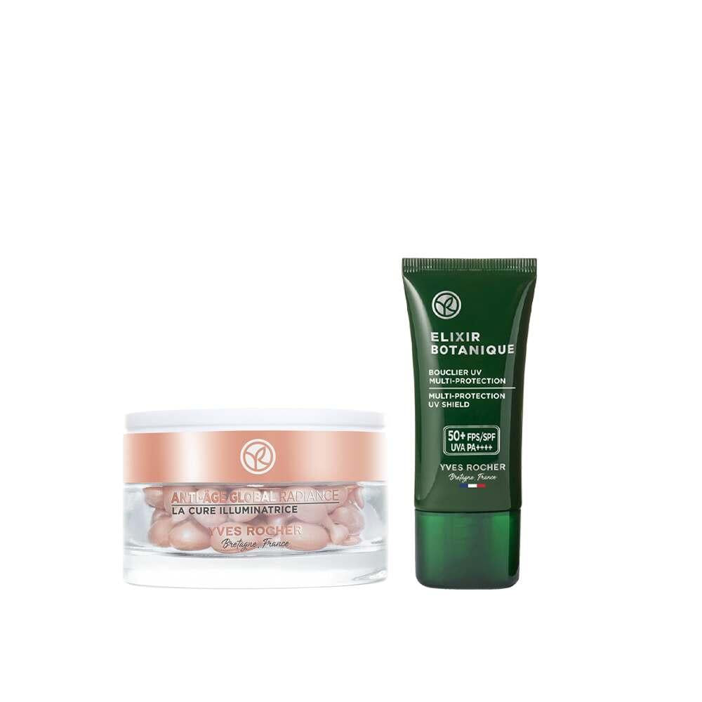 Elixir Botanique 2-piece skincare set: pink cream jar with rose gold lid and SPF50+ UV tube on Tampa Home & Garden Store