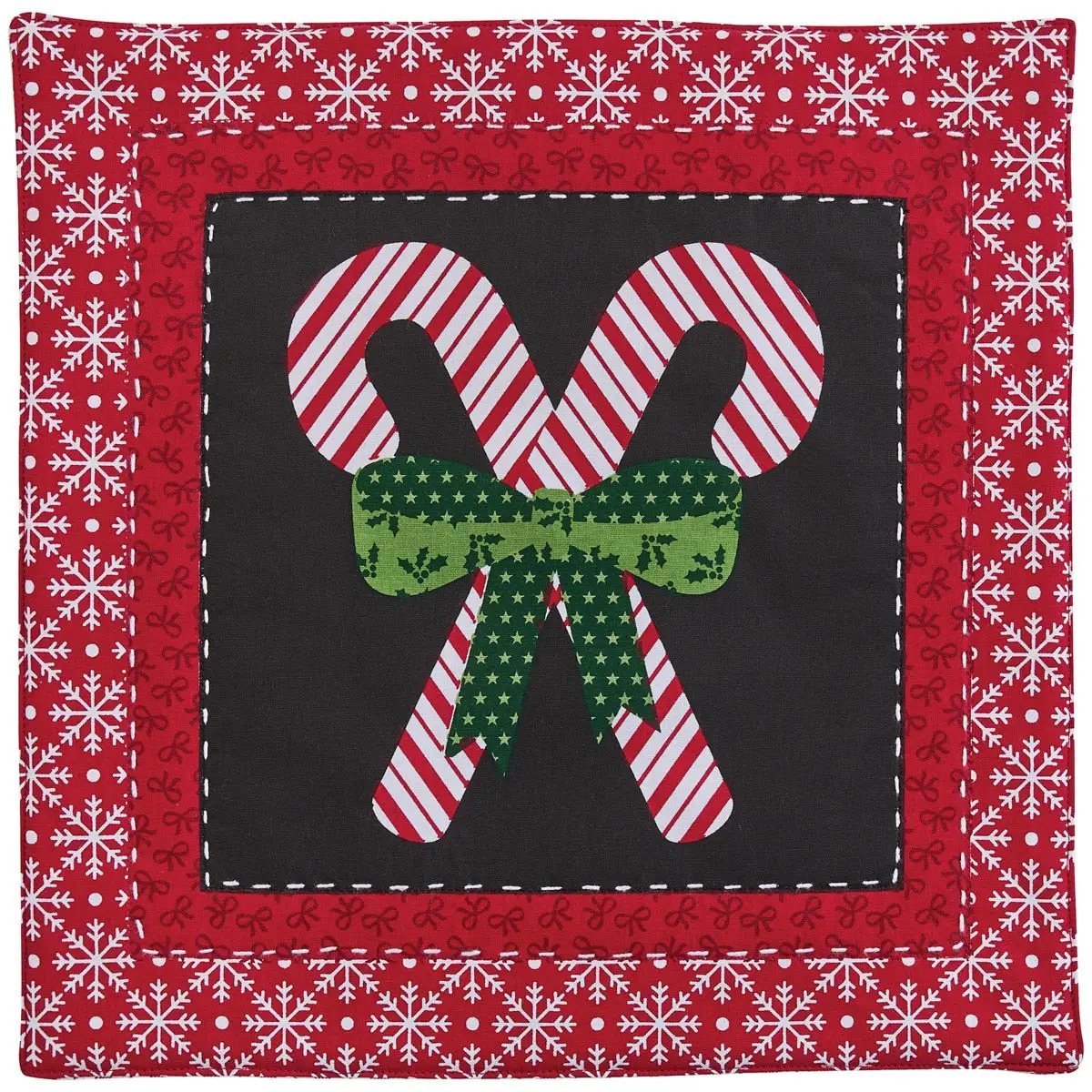 Candy Canes and Snowflakes Quilted Placemat with red border and black panel, green bow on Tampa Home & Garden Store