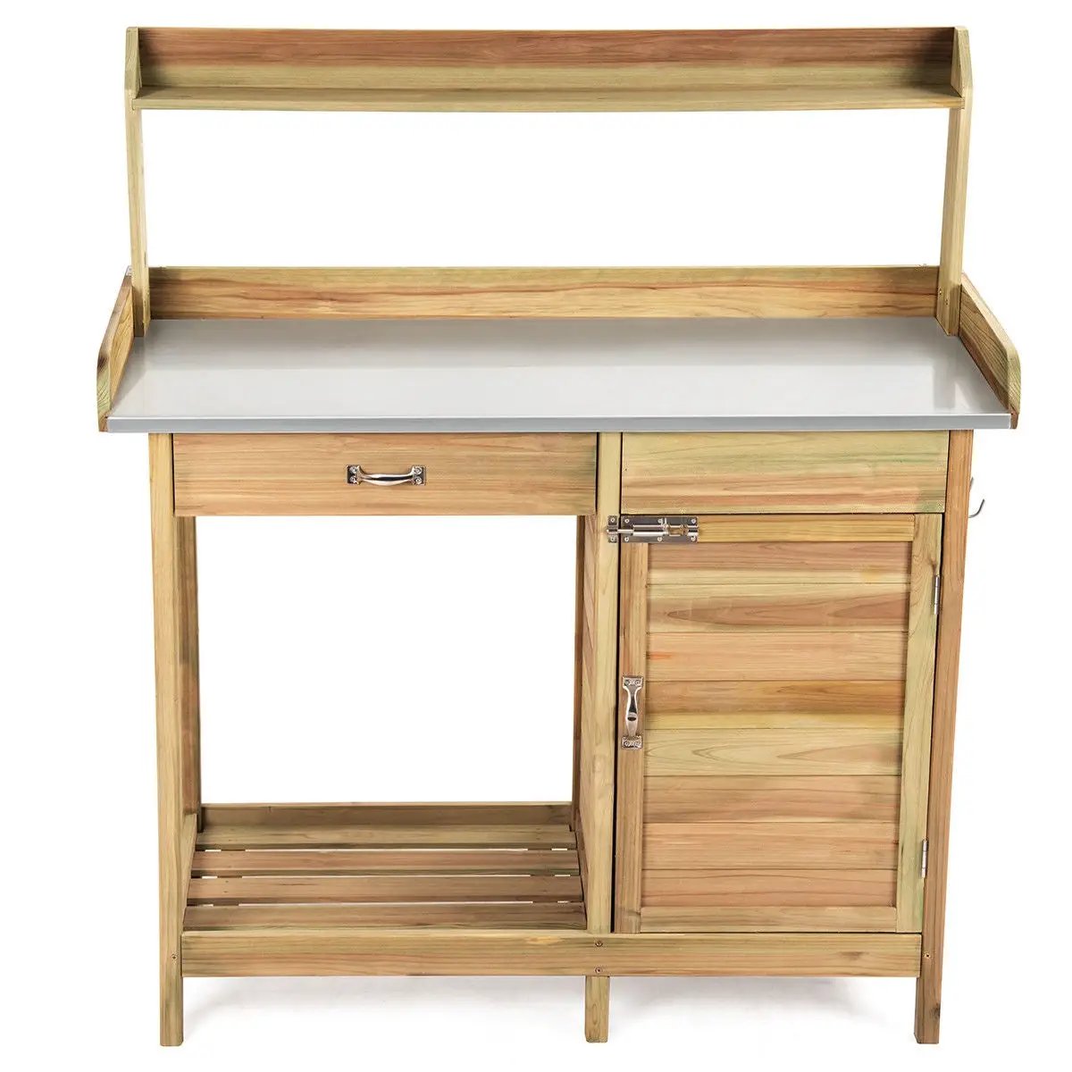 Outdoor wooden potting bench with gray metal countertop, upper shelf, and cabinet storage on Tampa Home & Garden Store