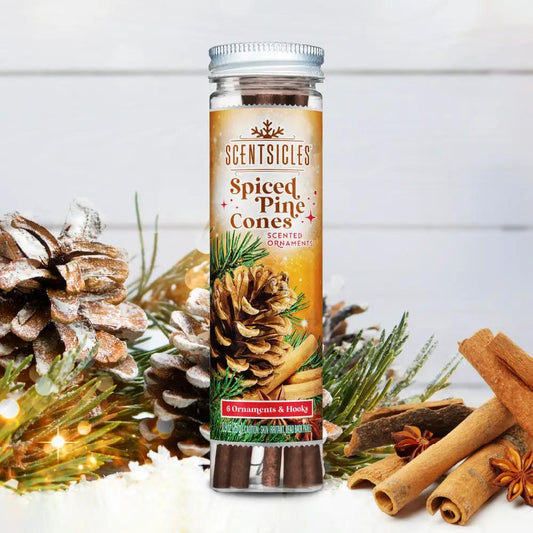 Scentsicles Scented Ornament Spiced Pine Cones bottle with pine cone art on label on Tampa Home & Garden Store