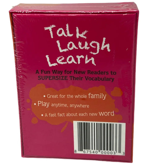 Talk Laugh Learn Word Teaser Card Game for Kids magenta box with orange splash on back on Tampa Home & Garden Store