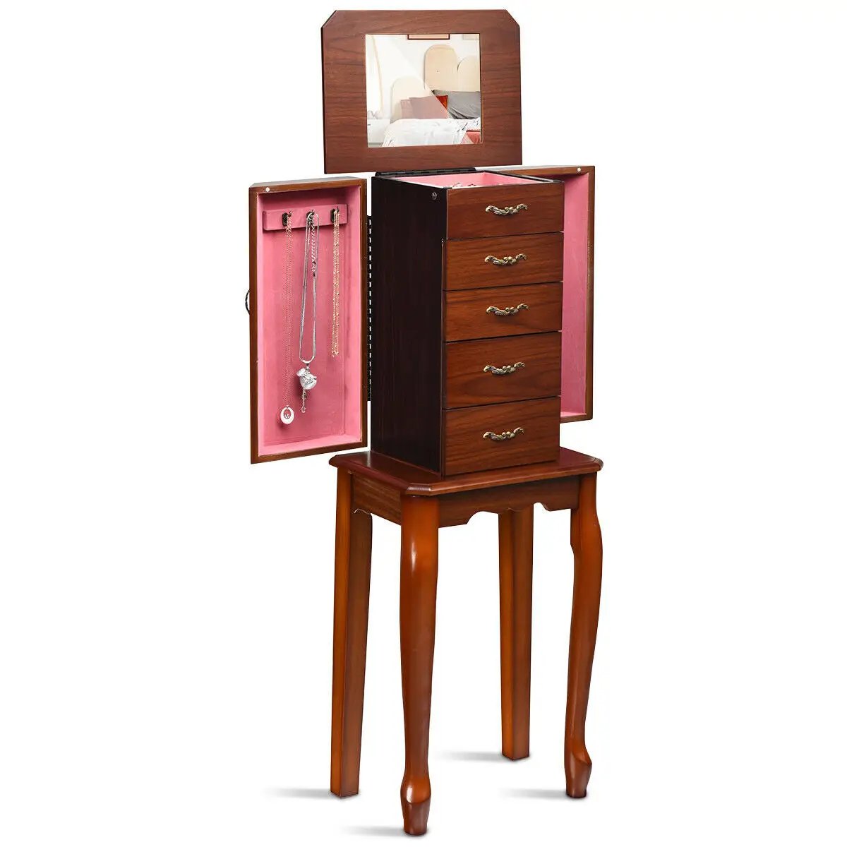 Standing Jewelry Box on a wooden stand with five drawers and side doors, pink lining on Tampa Home & Garden Store