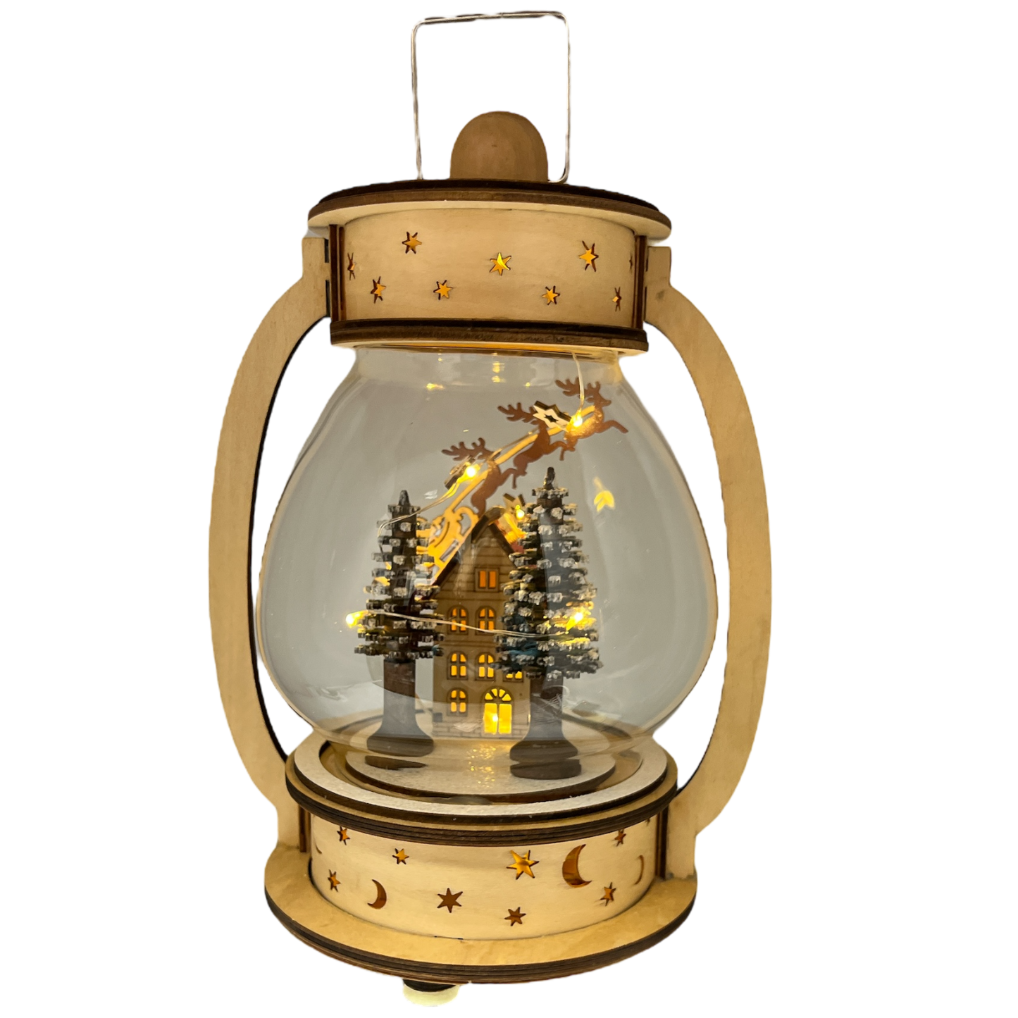 Lanterne musicale en bois et verre à remontoir lumineuse B/O - Le Père Noël survole la maison