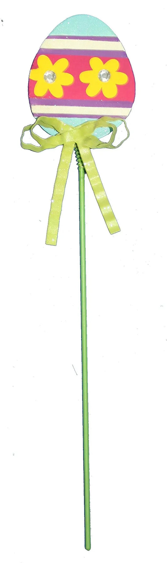 15 Inch Metal and Wood Spring Stake Egg with pastel stripes and yellow flowers; lime bow on Tampa Home & Garden Store
