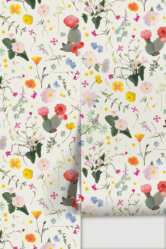 Wallpaper California Native white and multicolor floral cactus pattern Samantha Santana Creative on Tampa Home & Garden Store
