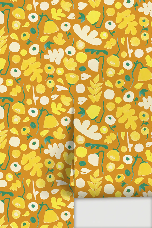 Wallpaper Henri Floral Merigold pattern with yellow blooms and teal stems on mustard background on Tampa Home & Garden Store