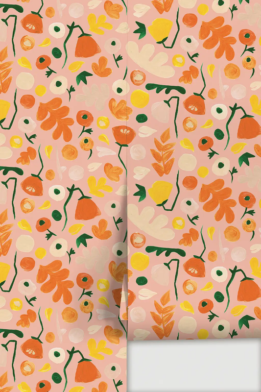 Henri Floral Wallpaper Pink by Samantha Santana Creative, pink floral with orange blooms on Tampa Home & Garden Store