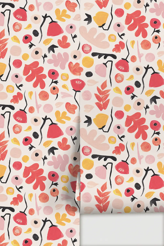 Wallpaper Henri Floral Red by Samantha Santana Creative with red pink yellow florals on Tampa Home & Garden Store