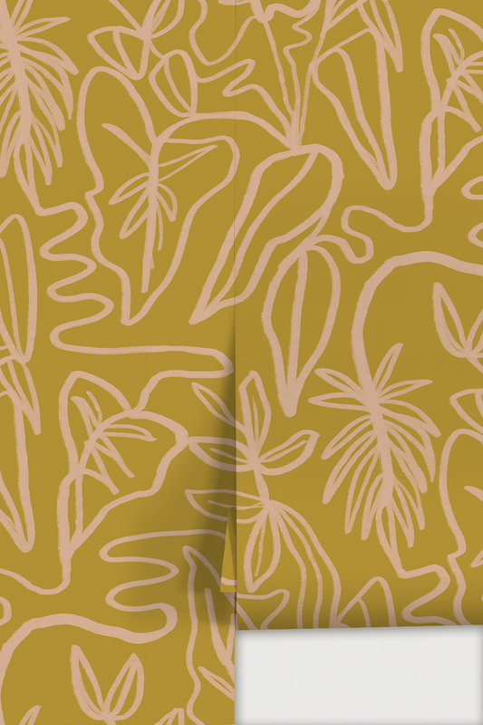 Inked Foliage Wallpaper, mustard and peach - Tampa Home & Garden Store