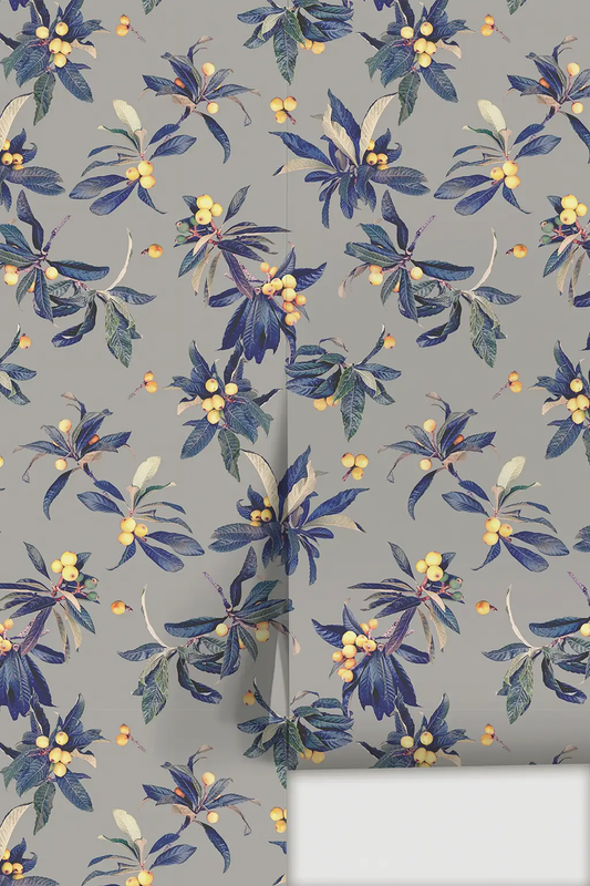 Loquat Love Gray Wallpaper Peel and Stick pattern with blue leaves and yellow berries on Tampa Home & Garden Store