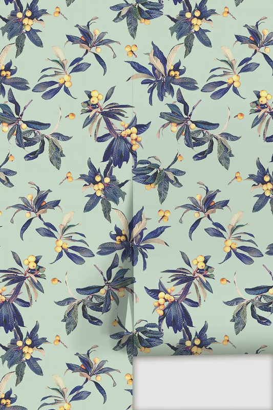 Loquat Love Mint wallpaper peel and stick mint and navy leaves with yellow berries garden on Tampa Home & Garden Store