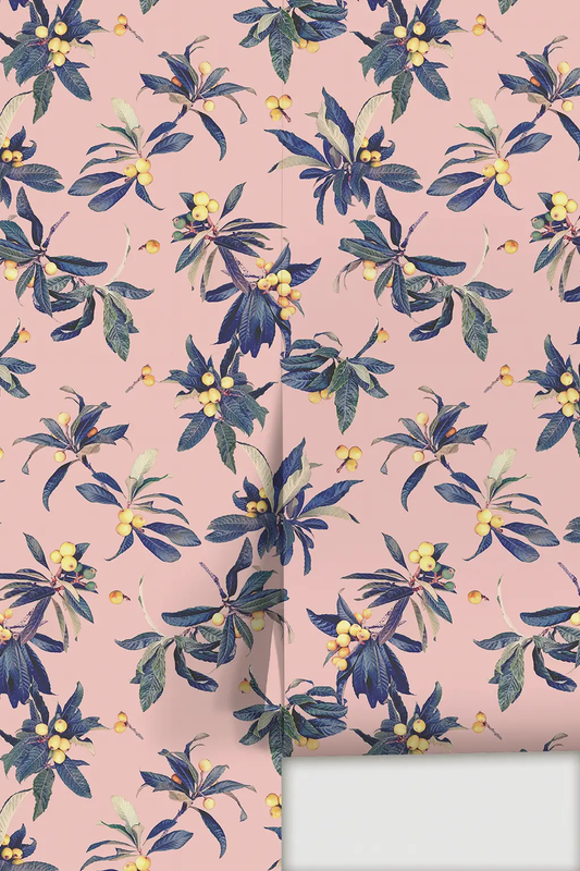 Loquat Love Wallpaper Pink Peel & Stick Vinyl pink botanical with berries and blue leaves on Tampa Home & Garden Store