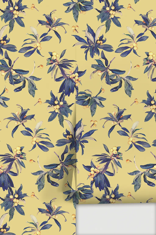 Loquat Love Wallpaper, Sunny Yellow with blue-leaf loquat pattern and yellow berries on Tampa Home & Garden Store