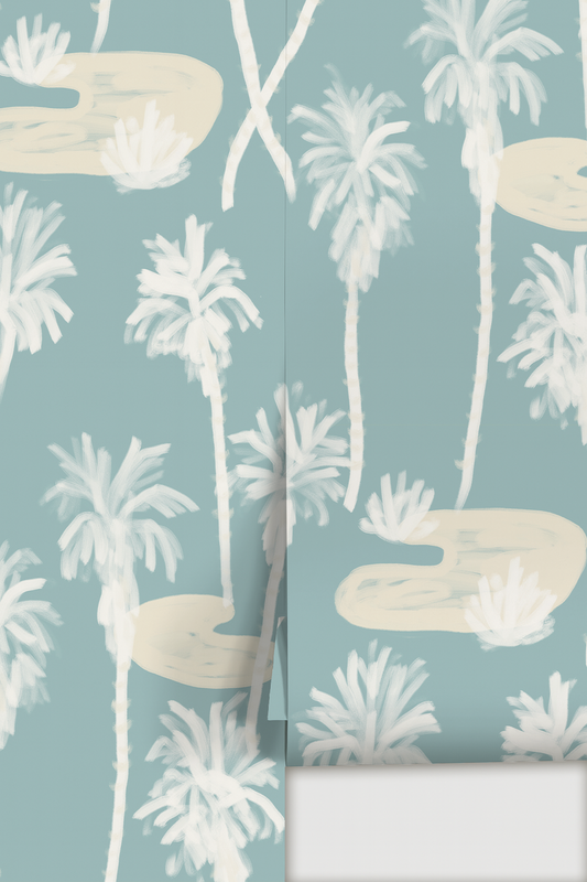 Palm Oasis Wallpaper, blue and white - Tampa Home & Garden Store