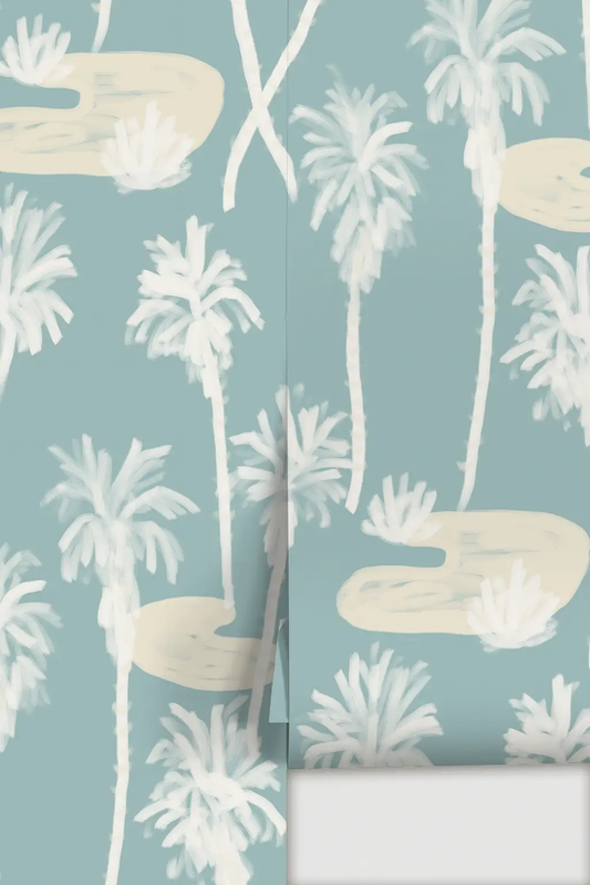 Palm Oasis Wallpaper two-panel blue and white with painterly palm trees on teal background on Tampa Home & Garden Store