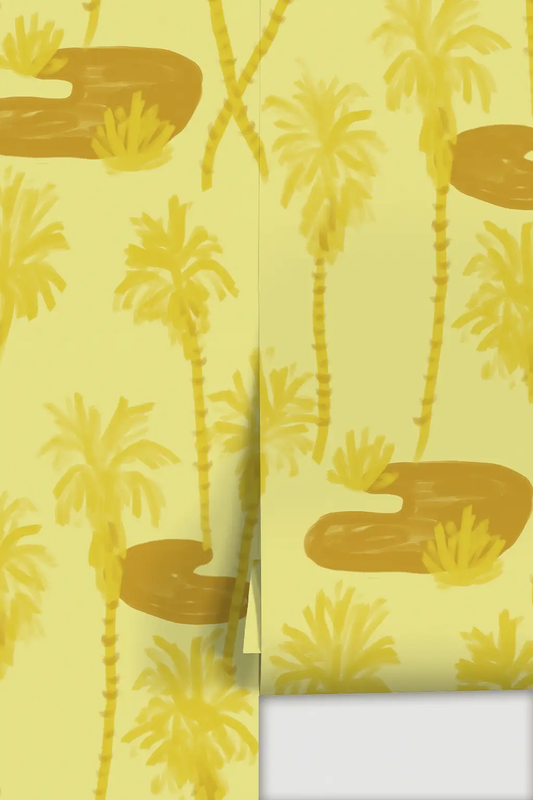 Lemon Yellow Palm Oasis Wallpaper palm pattern on bright yellow by Samantha Santana Creative on Tampa Home & Garden Store