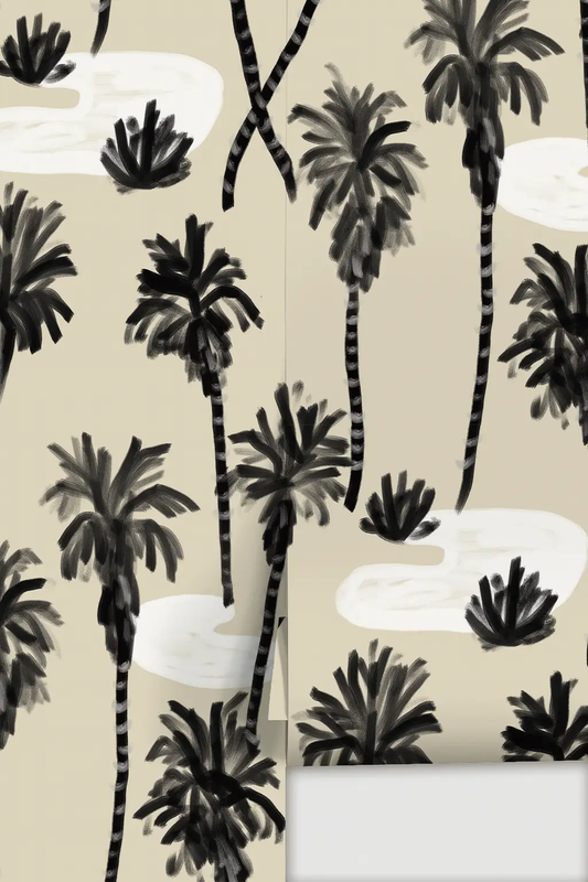 Palm Oasis Wallpaper Moody Neutral Black featuring tall black palm trees on beige background on Tampa Home & Garden Store
