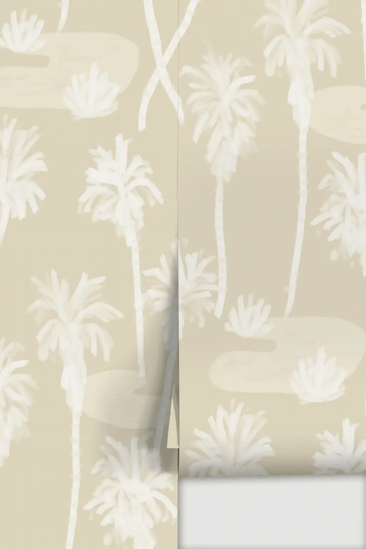 Palm Oasis Wallpaper white palm trees on tan background pattern by Samantha Santana Creative on Tampa Home & Garden Store