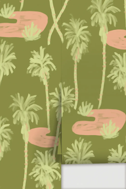 Palm Oasis wallpaper olive green with pale palm trees by Samantha Santana Creative on Tampa Home & Garden Store
