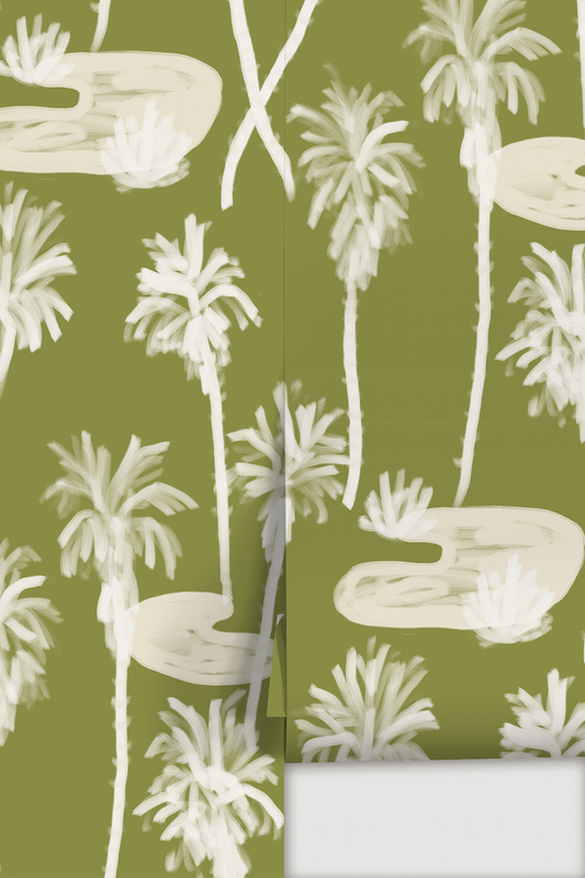 Palm Oasis Wallpaper, olive green and white - Tampa Home & Garden Store