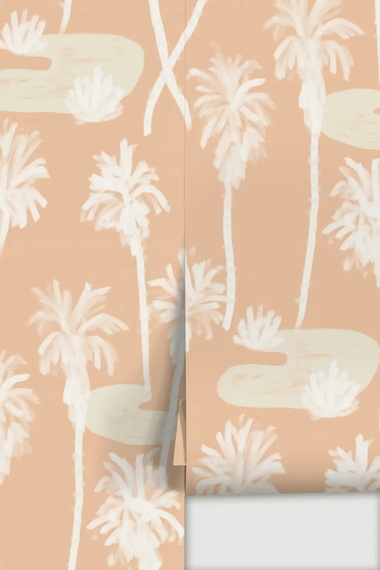 Palm Oasis Wallpaper Peach and White with white palm trees on peach background on Tampa Home & Garden Store