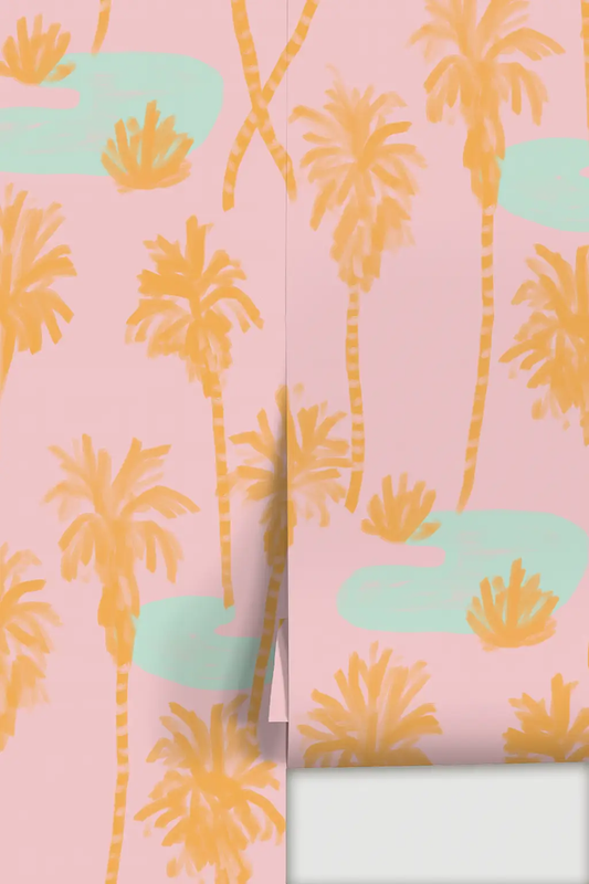 Palm Oasis Wallpaper Pink with orange palm trees and mint-green accents on Tampa Home & Garden Store
