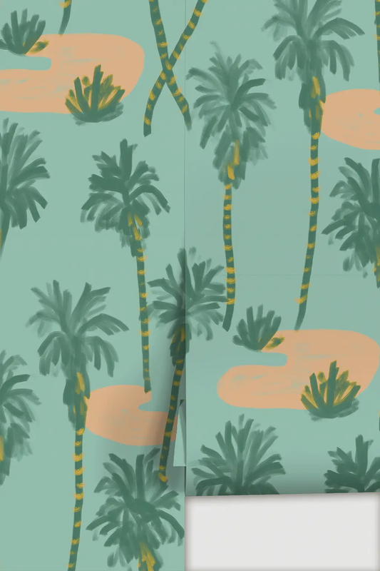 Palm Oasis Wallpaper teal indoor wall covering with palm tree pattern and peach shapes on Tampa Home & Garden Store