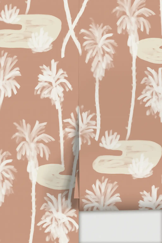 Palm Oasis wallpaper terra cotta with white palm trees on Tampa Home & Garden Store