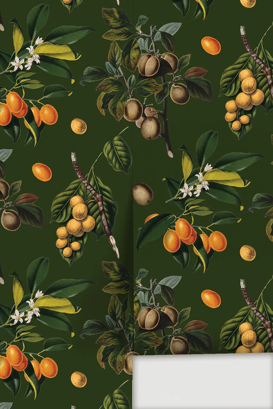 Vintage Orchard Wallpaper green peel-and-stick fruit branches by Samantha Santana Creative on Tampa Home & Garden Store