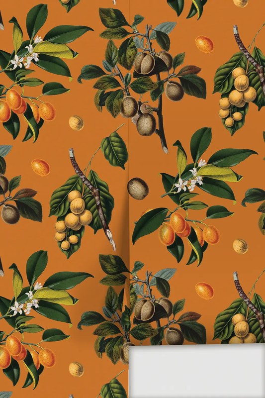 Vintage Orchard Wallpaper orange florals by Samantha Santana Creative with fruiting branches on Tampa Home & Garden Store