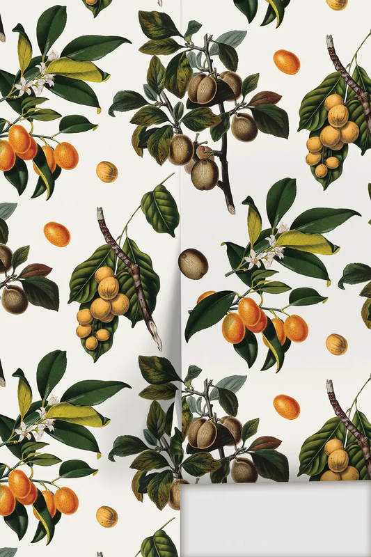 Vintage Orchard Wallpaper with white floral, green leaves and orange fruit clusters on Tampa Home & Garden Store