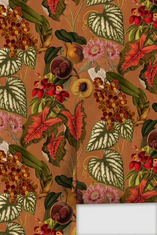 Cali Tropicale wallpaper burnt orange with tropical florals and bold leaves on Tampa Home & Garden Store