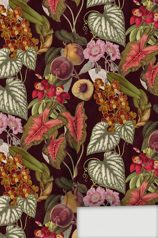Cali Tropicale Wallpaper Eggplant Collage burgundy background tropical leaves Samantha Santana on Tampa Home & Garden Store