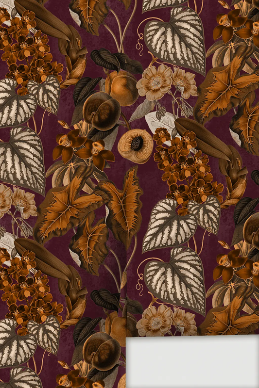 Cali Tropicale wallpaper Samantha Santana Creative eggplant toffee botanical motif plum backdrop on Tampa Home & Garden Store