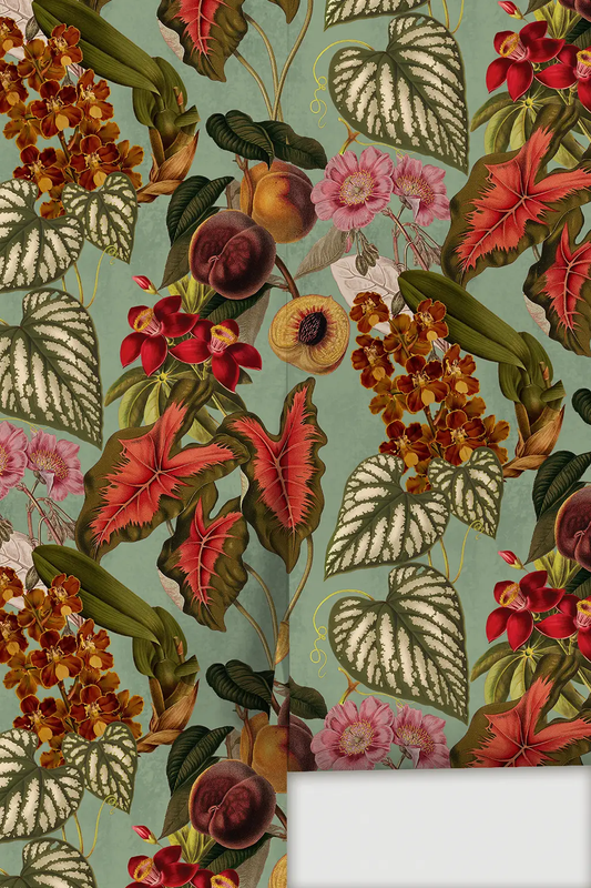 Cali Tropicale Mint Wallpaper mint-green botanical pattern with colorful flowers on Tampa Home & Garden Store