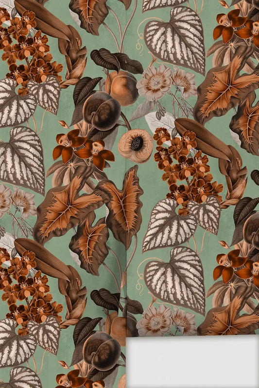 Wallpaper Cali Tropicale Mint and Rust botanical pattern with copper leaves on Tampa Home & Garden Store