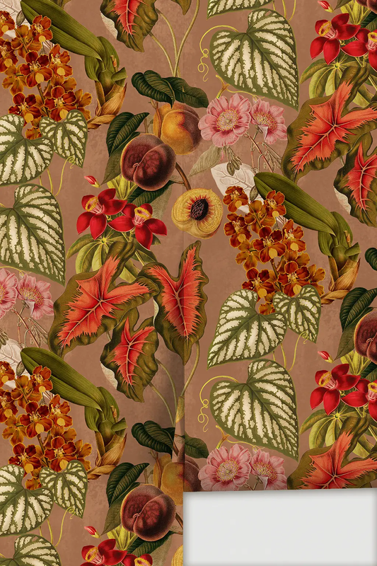 Cali Tropicale Wallpaper Mocha Mousse with tropical leaves and blossoms on mocha background on Tampa Home & Garden Store